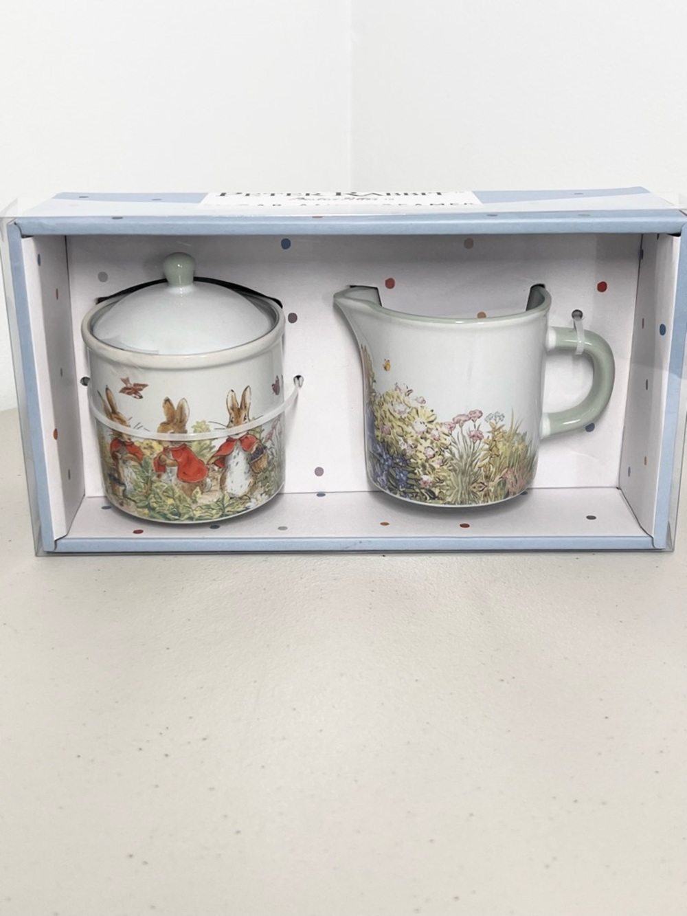 Peter Rabbit Creamer and Sugar Set Easter Bunny Ceramic Beatrix Potter NIB